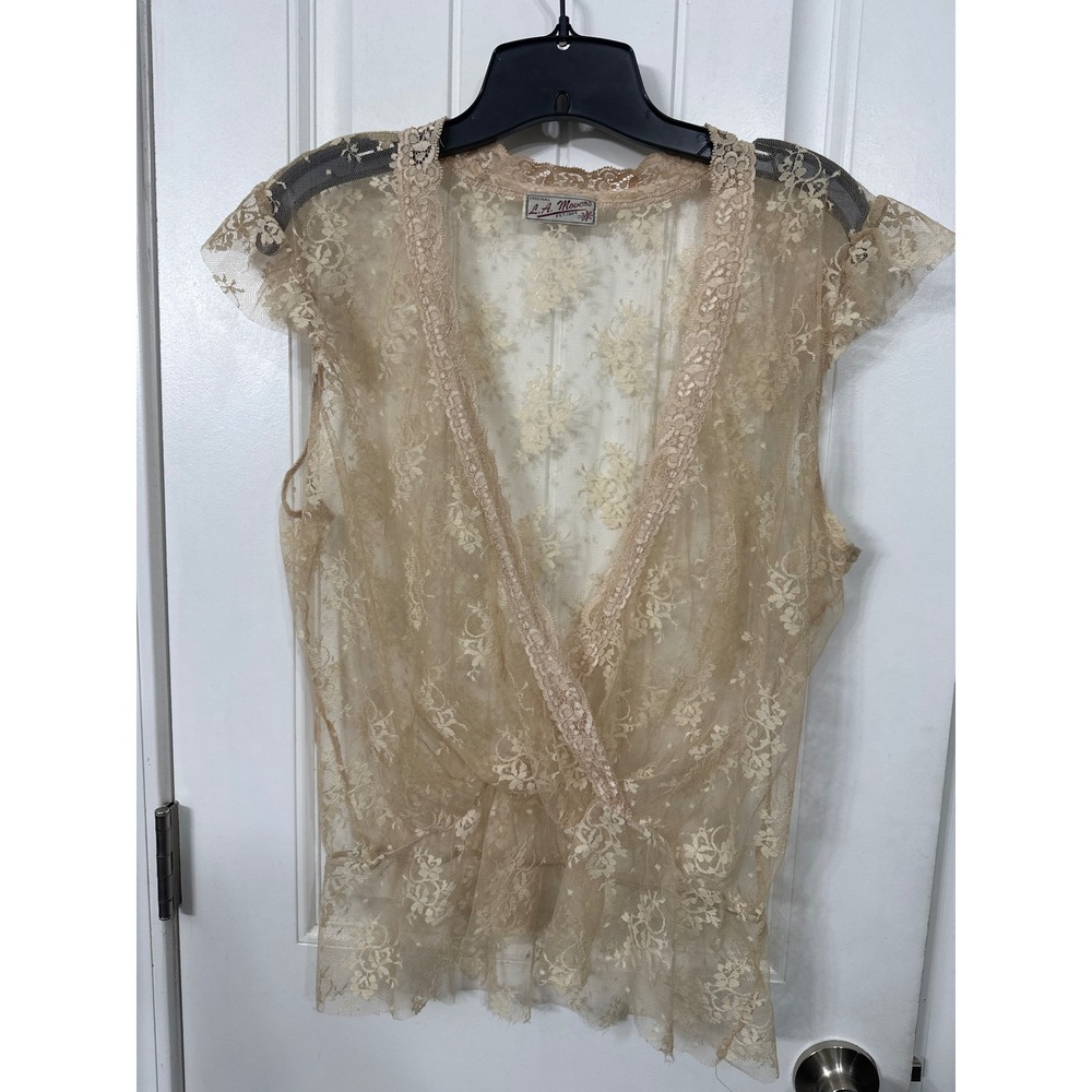 LA Movers Vintage Sheer Lace Blouse Beige Floral Wrap Surplice Cap Sleeve Top